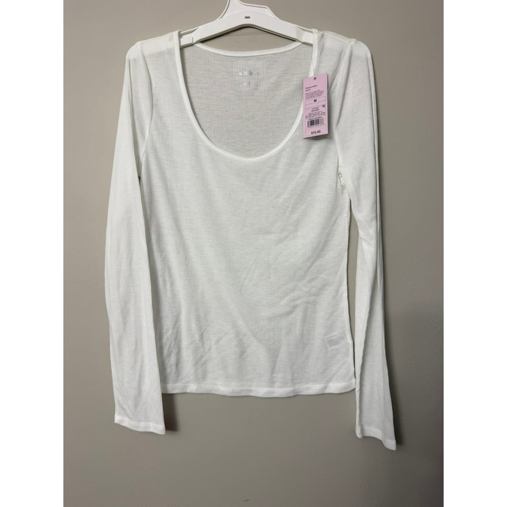 Wild Fable Ribbed Long Sleeve Tee Women Medium White Scoop Neck NWT
